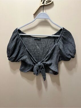 Miou Muse Charcoal Tie-Front Puff Sleeve Crop Top Size Small